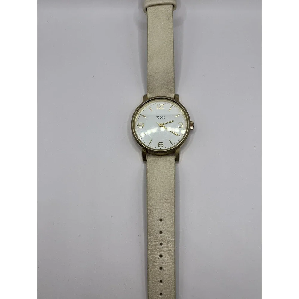 XXI‎ Analog Watch Gold Tone Cream Buckle Band Simple Stylish- New Battery!